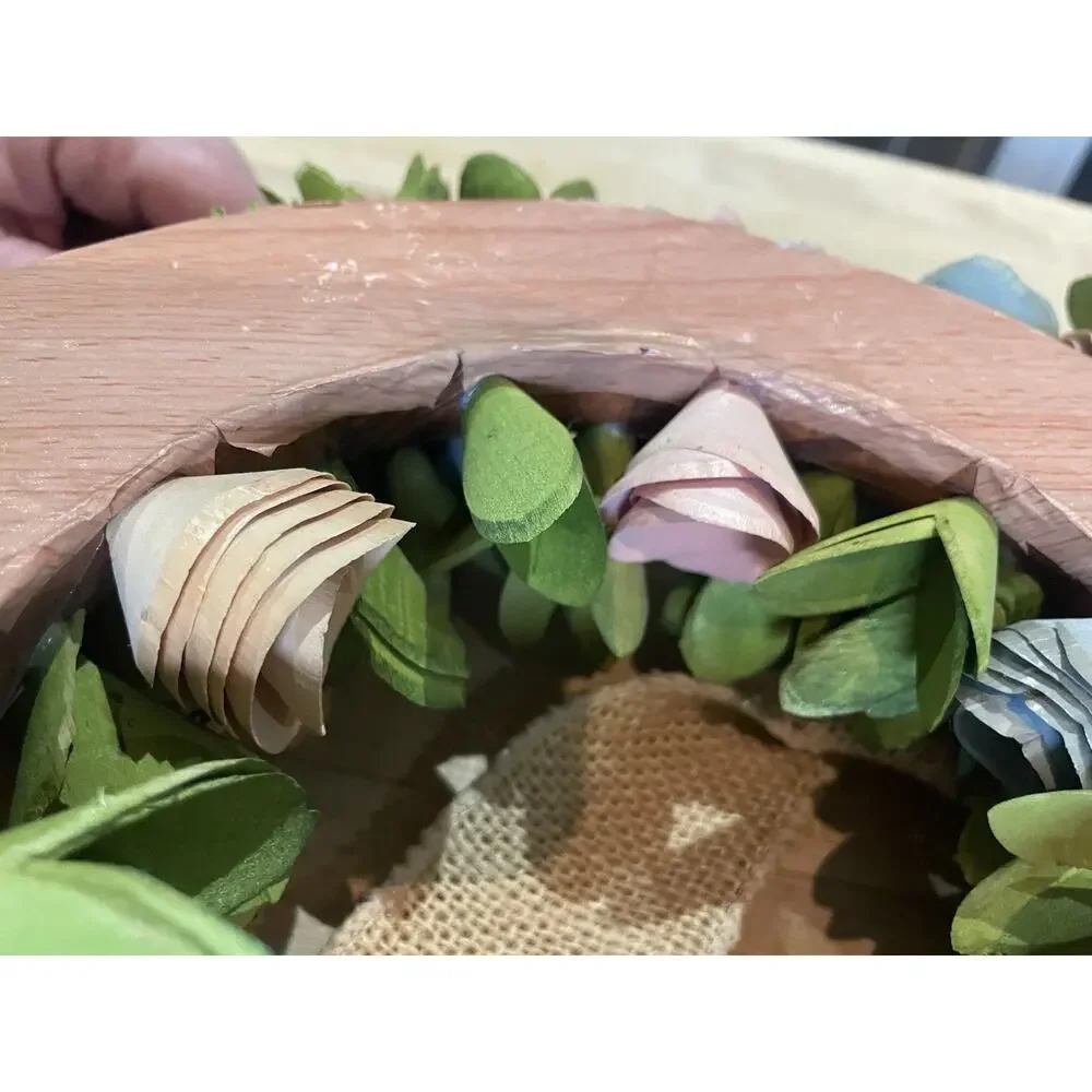 Handmade Wood Shaving Pink & Blue Floral Wreath Decor Art Farmhouse Cottagecore